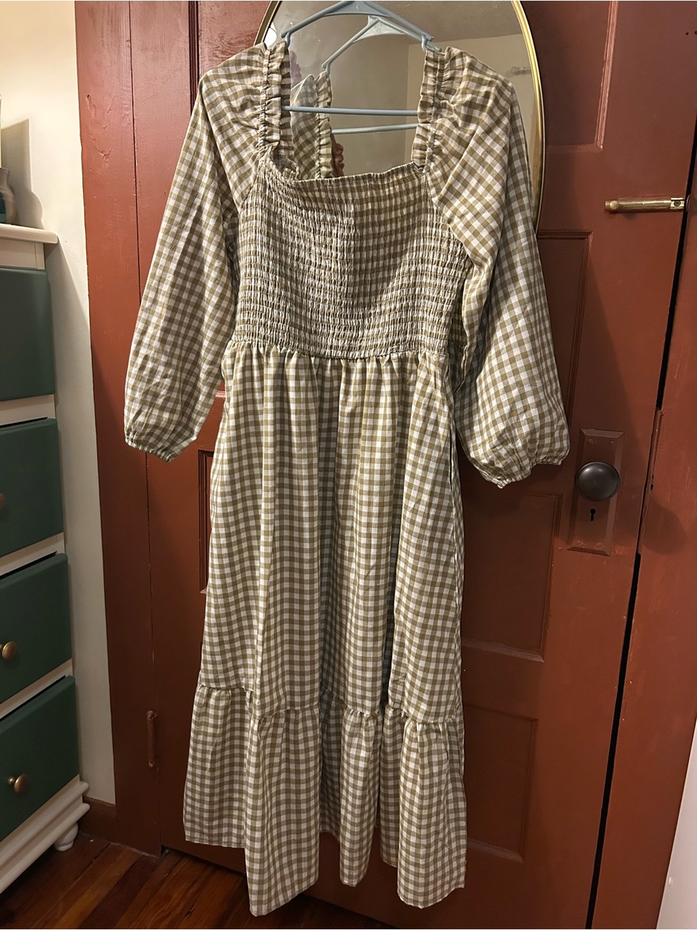 Smocked Gingham Midi Dress in Beige NWOT